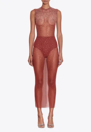 Crew Column Crystal Mesh Sheer Midi Dress