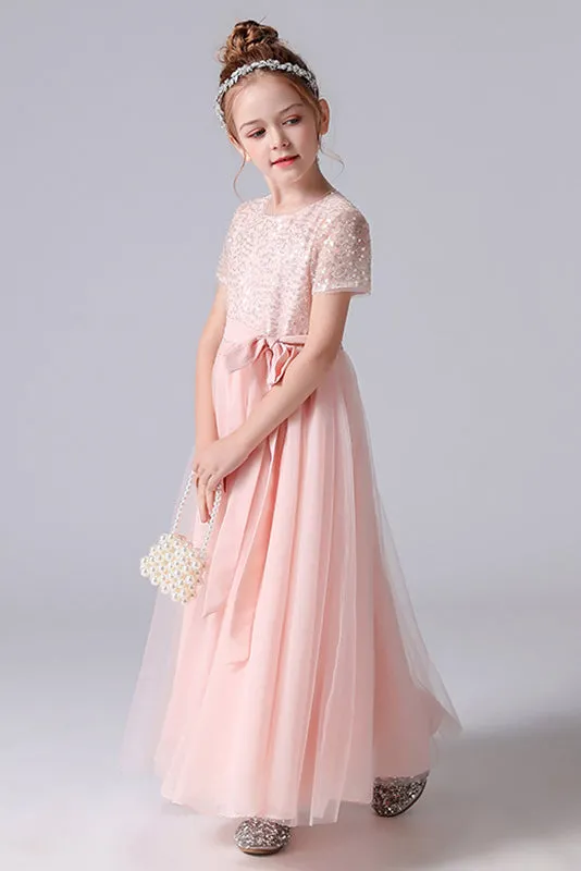Cute Pink Tulle Sequins Flower Girl Dresses With Belt