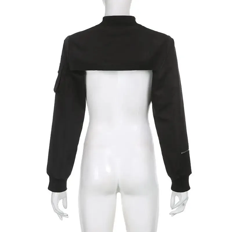 Cyberpunk Aesthetic Black Bolero Jacket with Zip-Up Sleeve Pockets