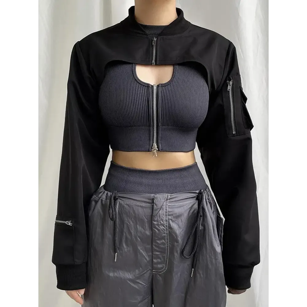 Cyberpunk Aesthetic Black Bolero Jacket with Zip-Up Sleeve Pockets
