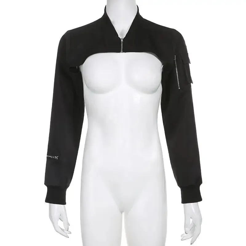 Cyberpunk Aesthetic Black Bolero Jacket with Zip-Up Sleeve Pockets