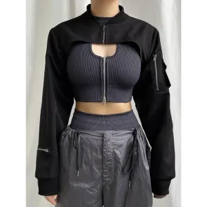 Cyberpunk Aesthetic Black Bolero Jacket with Zip-Up Sleeve Pockets