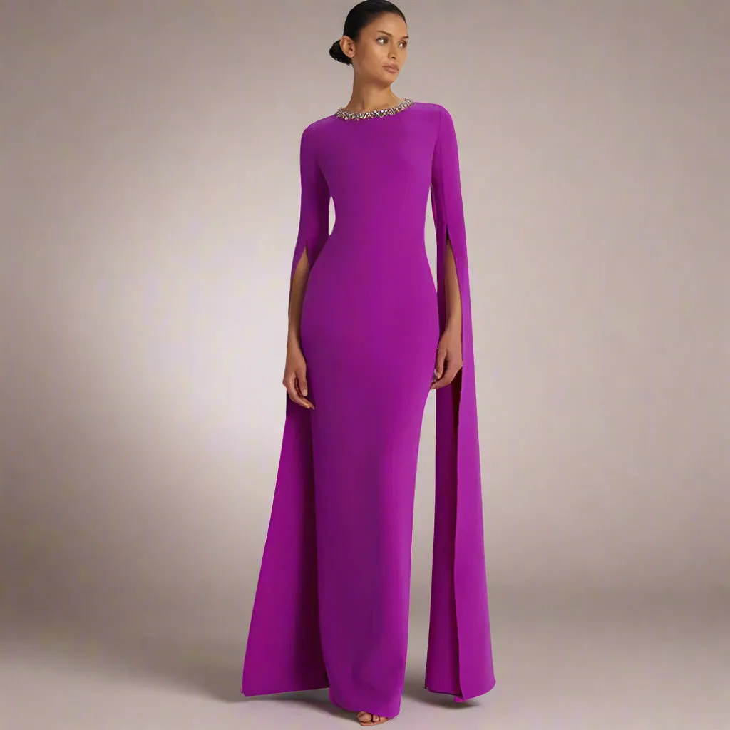 Dark Magenta Prom Dress – Jersey Rhinestone Bespoke Gown, Column Scoop Neck, Floor-Length