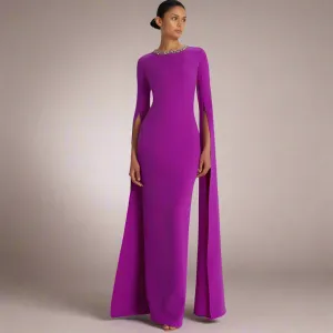 Dark Magenta Prom Dress – Jersey Rhinestone Bespoke Gown, Column Scoop Neck, Floor-Length