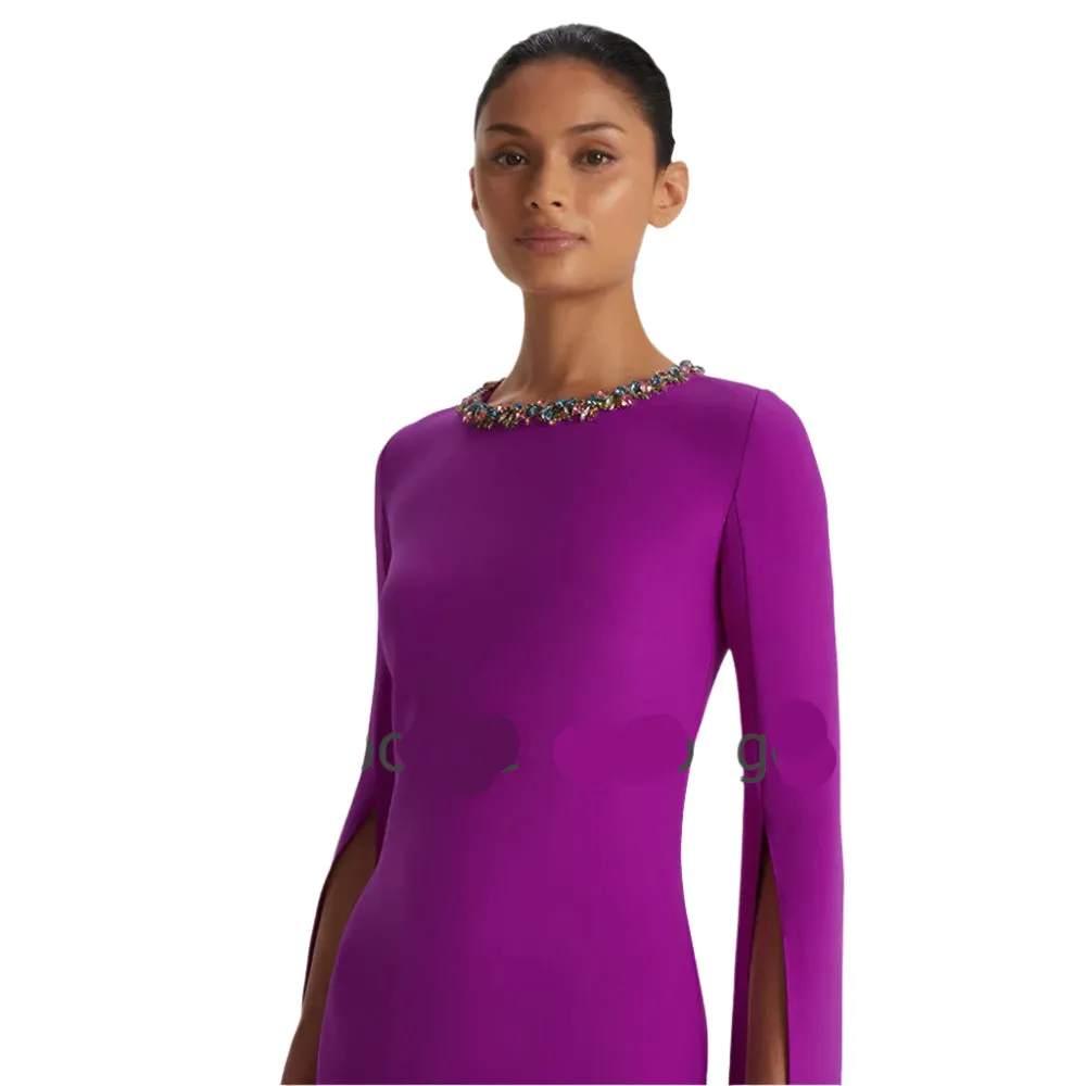 Dark Magenta Prom Dress – Jersey Rhinestone Bespoke Gown, Column Scoop Neck, Floor-Length