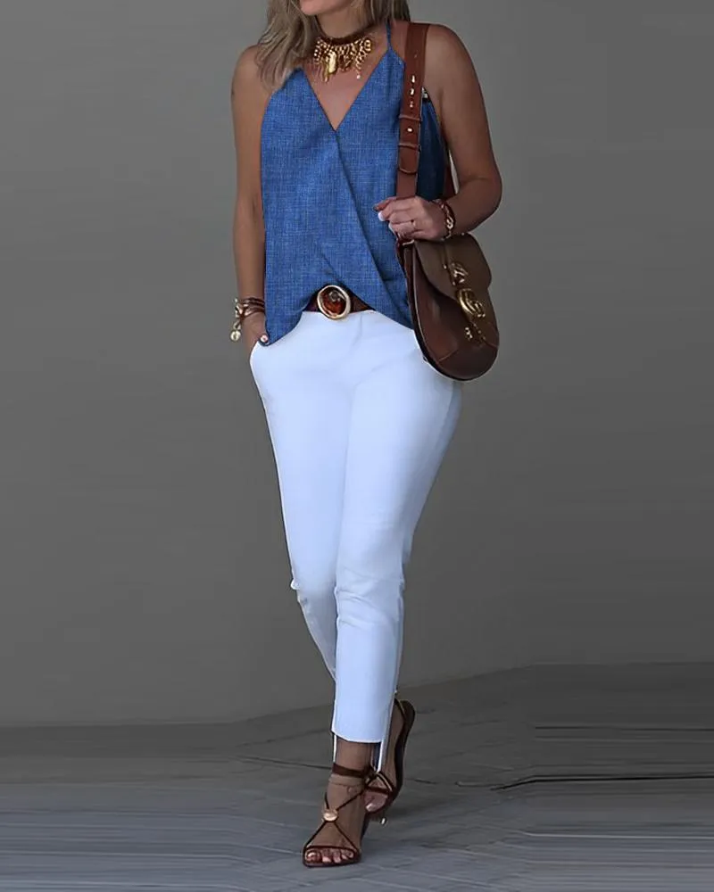 Denim Look Print Halter Wrap Tank Top