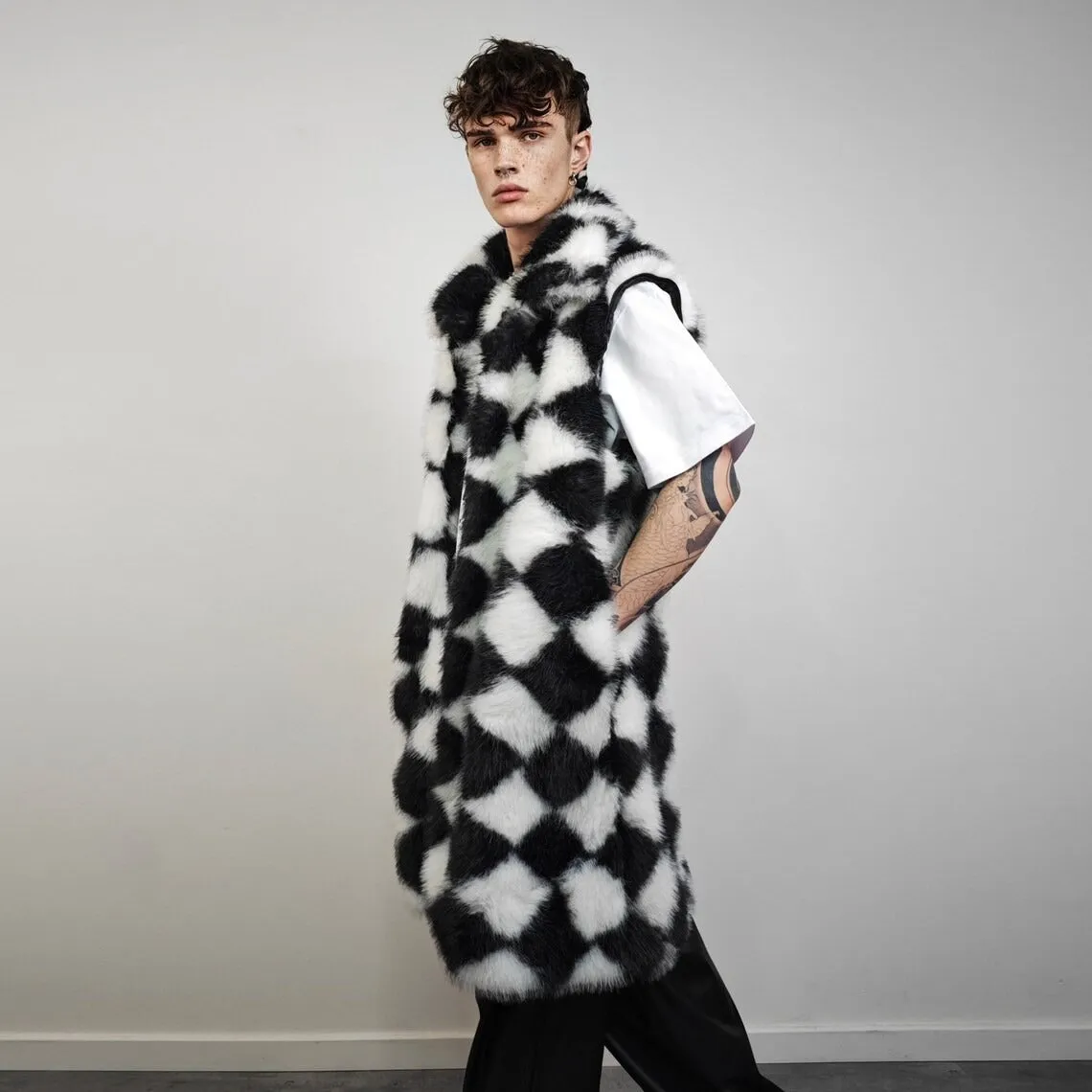 Diamond pattern fur coat checked long trench rhombus gothic overcoat SKA print bomber festival jacket customizable going out peacoat black