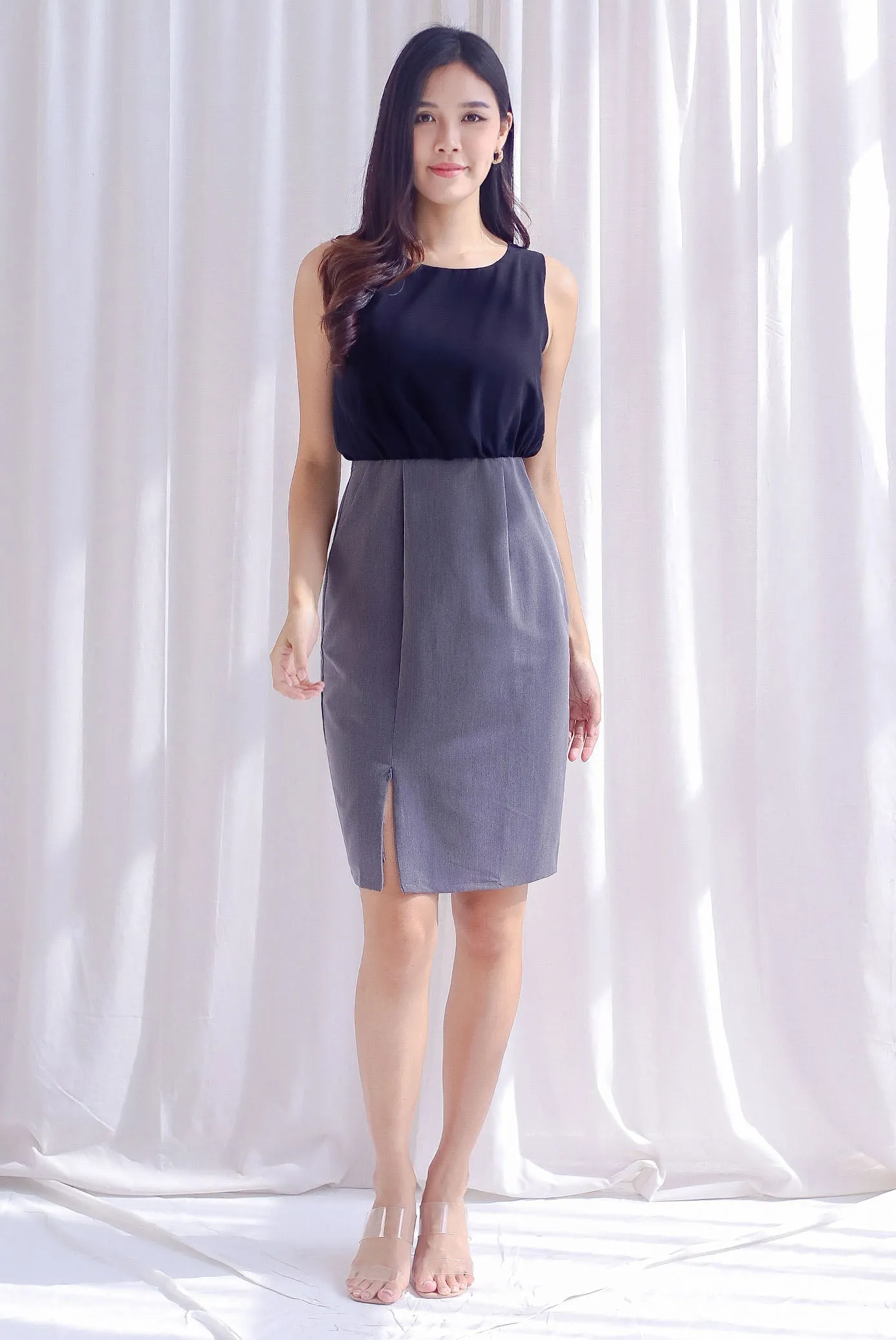 Dolores Ruched Colourblock Zip Slit Dress In Black/Grey