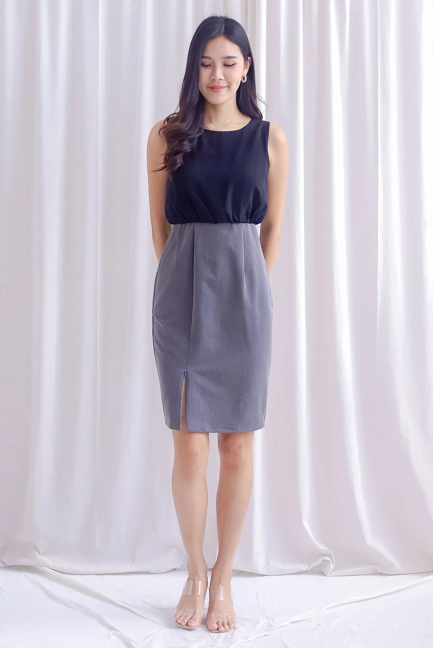 Dolores Ruched Colourblock Zip Slit Dress In Black/Grey