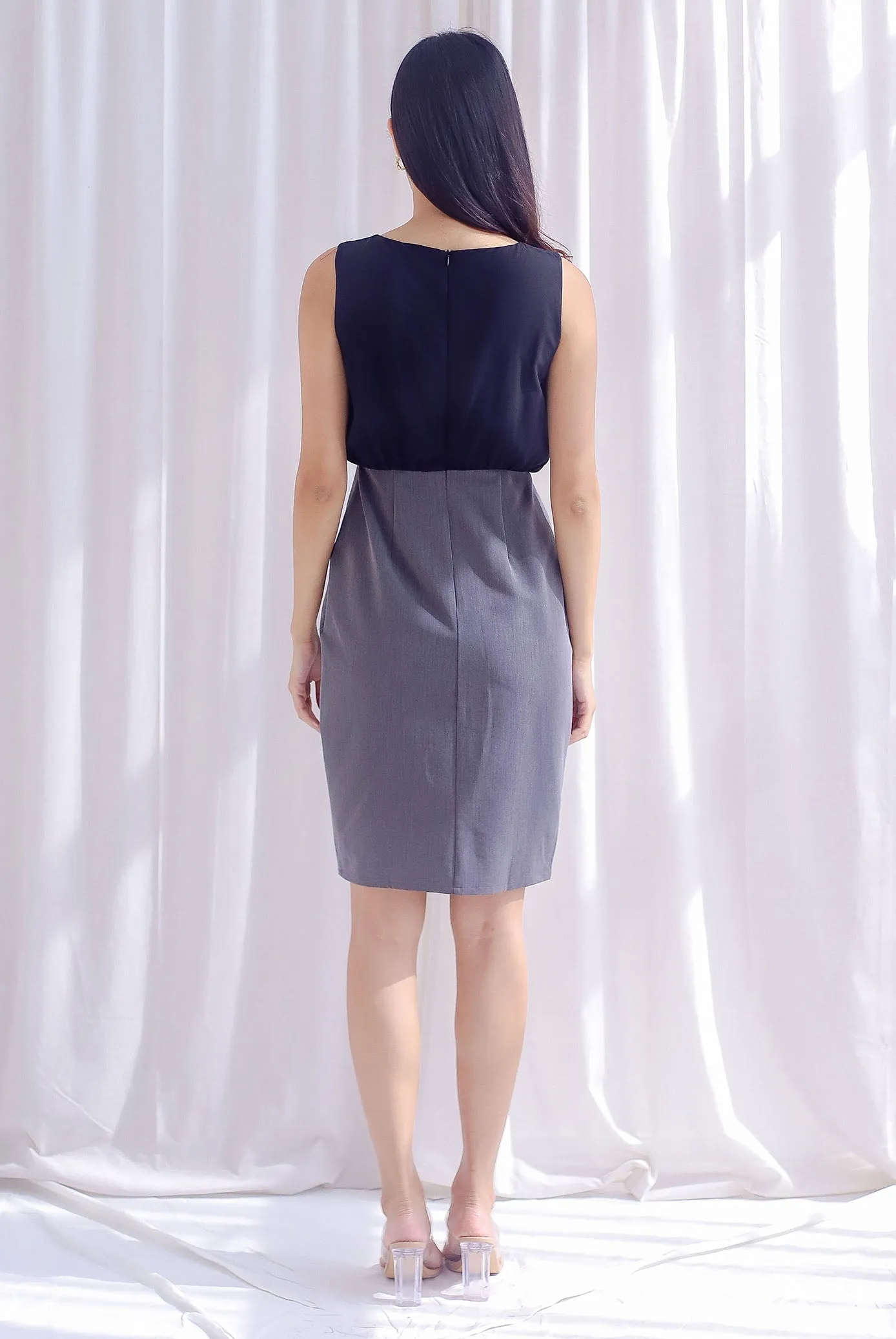 Dolores Ruched Colourblock Zip Slit Dress In Black/Grey