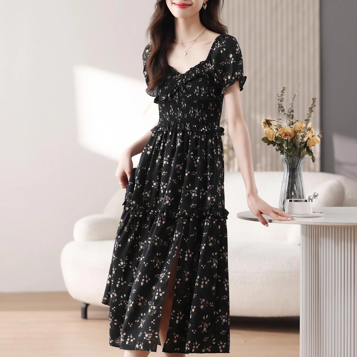 Dress with Ruched Sleeves and Adjustable Waist for a Flattering Fit