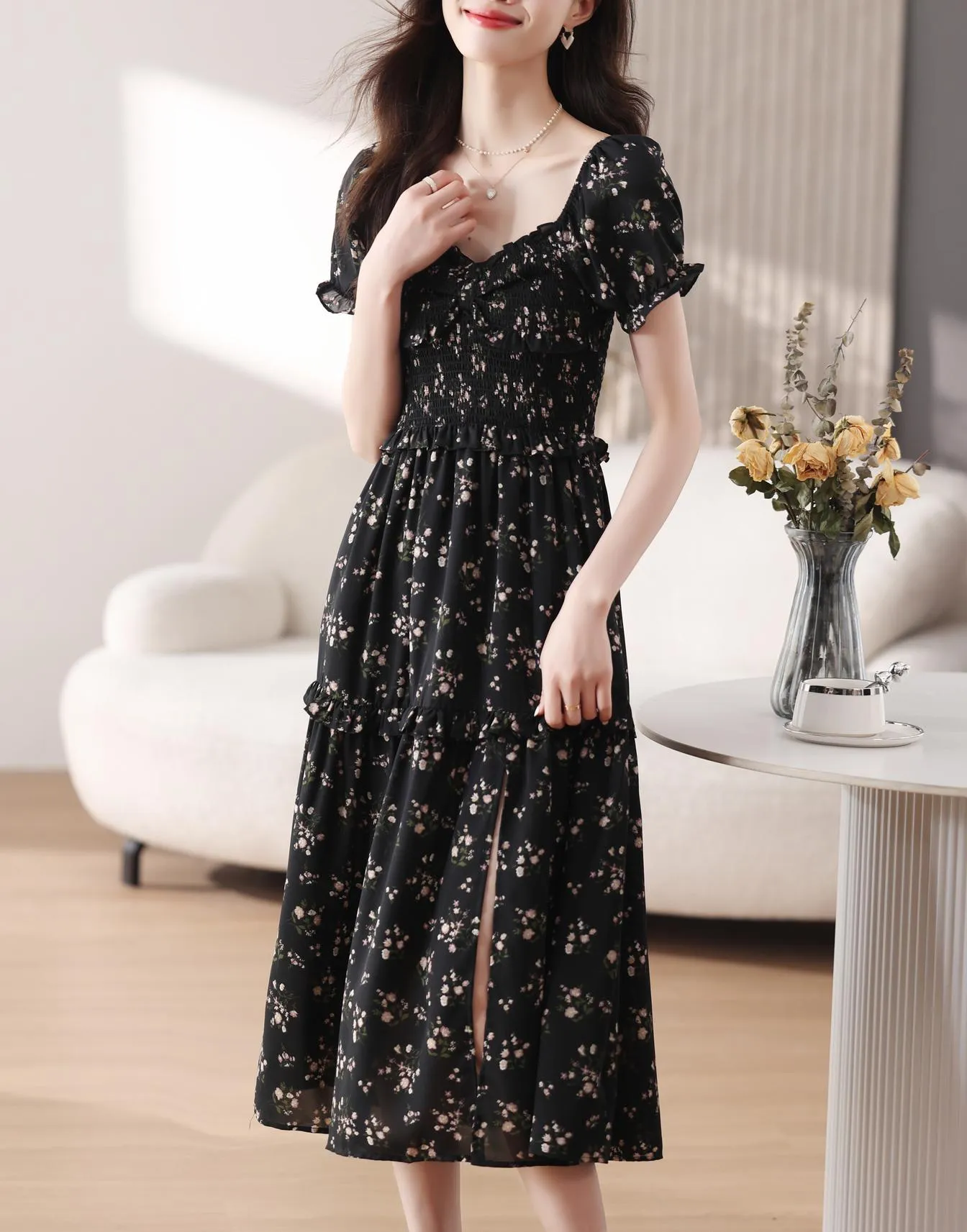 Dress with Ruched Sleeves and Adjustable Waist for a Flattering Fit