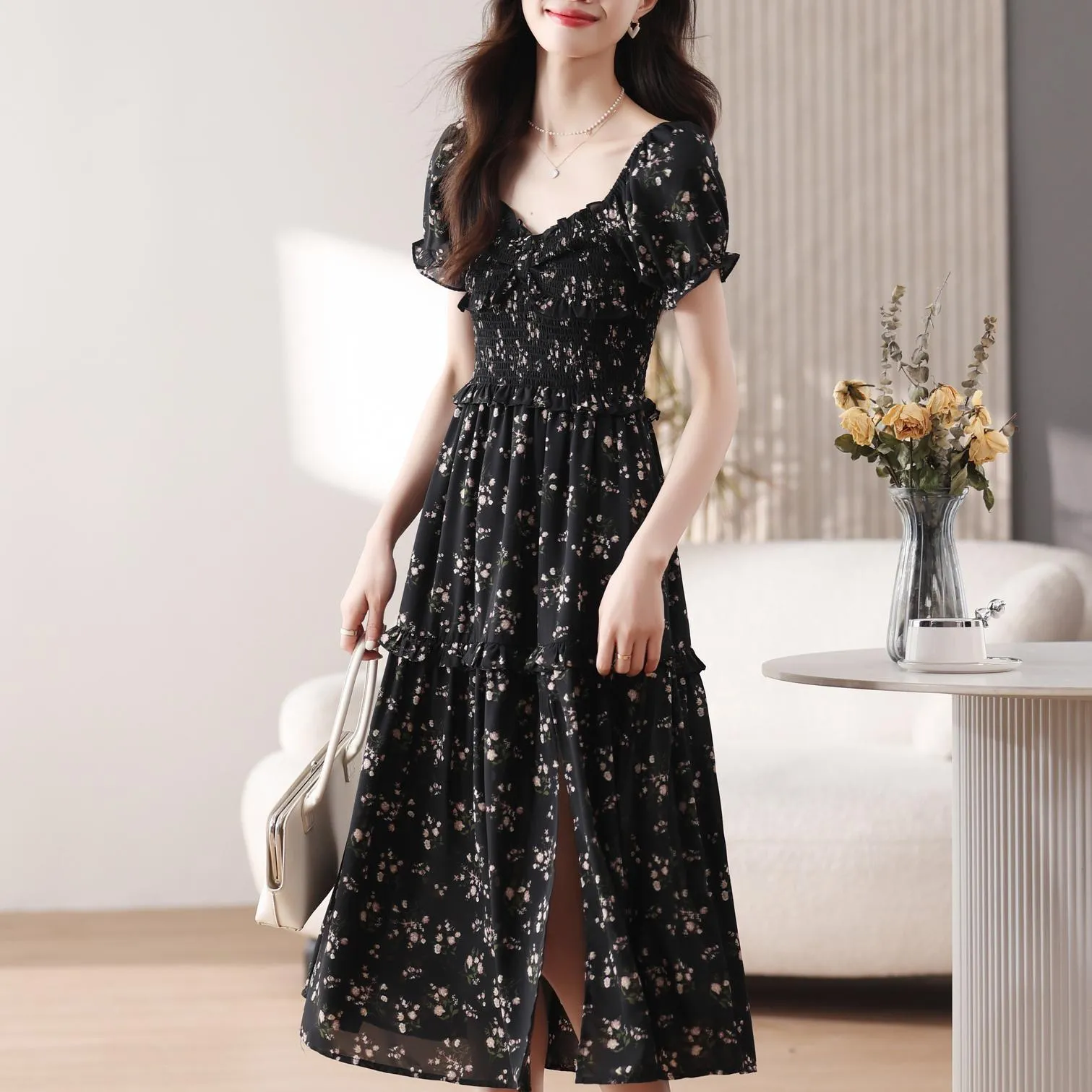 Dress with Ruched Sleeves and Adjustable Waist for a Flattering Fit