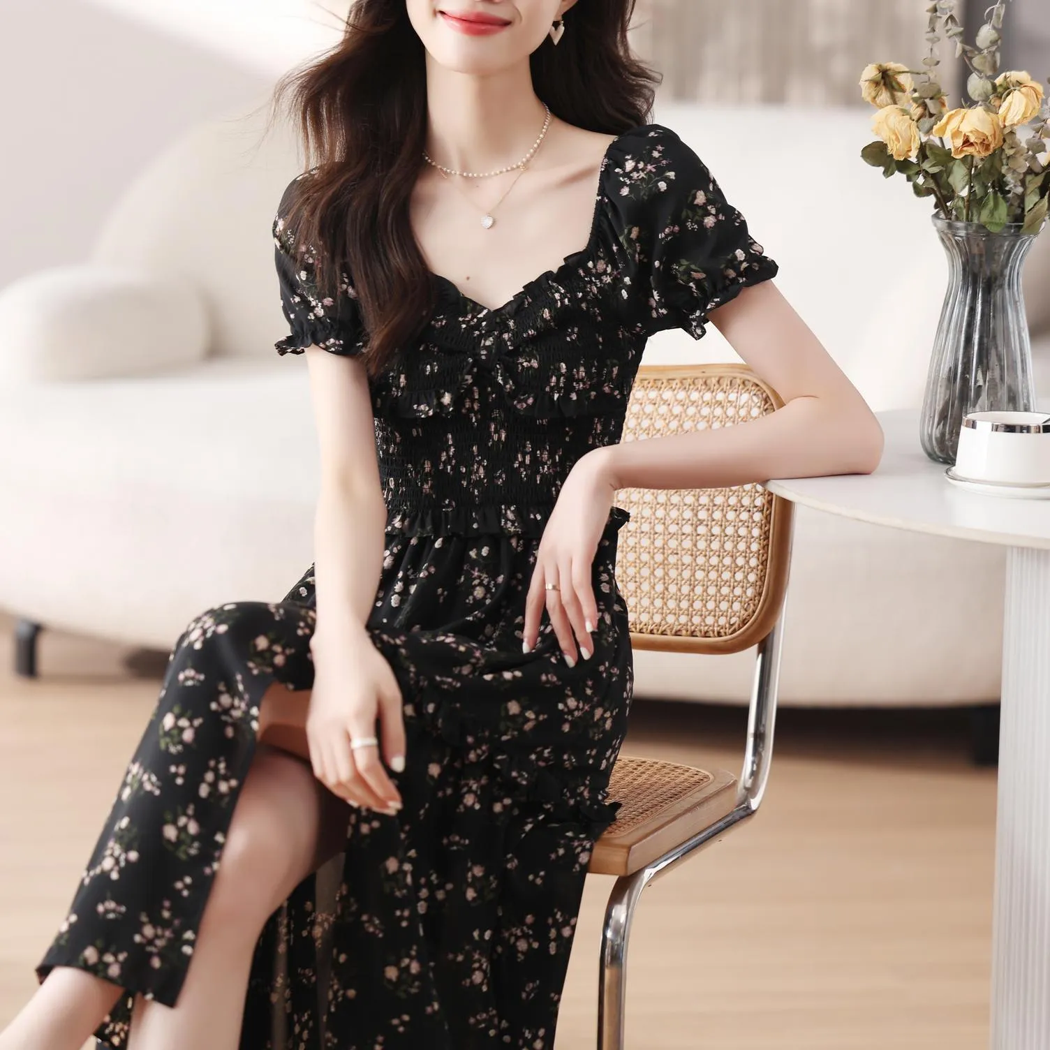 Dress with Ruched Sleeves and Adjustable Waist for a Flattering Fit