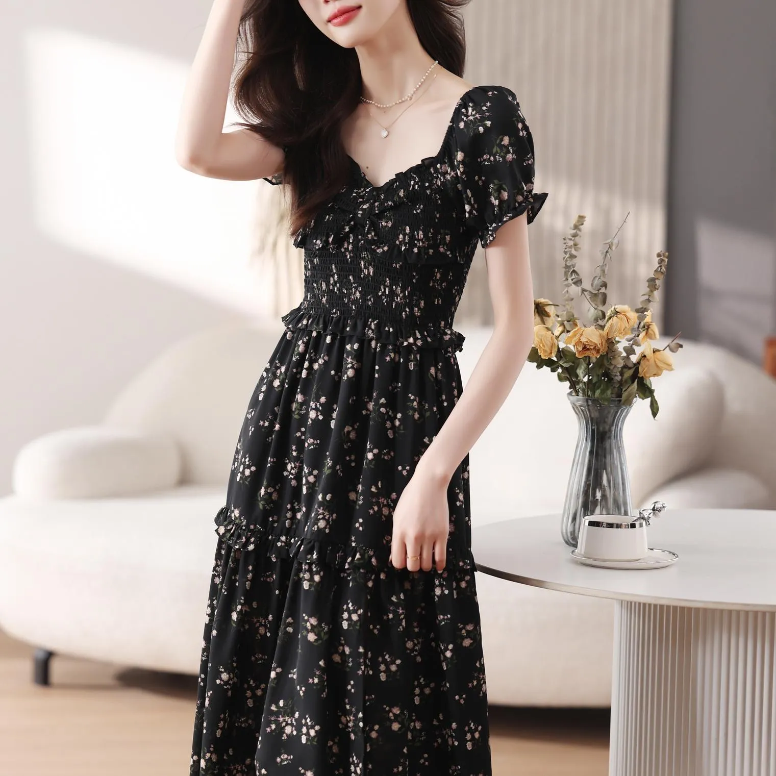 Dress with Ruched Sleeves and Adjustable Waist for a Flattering Fit