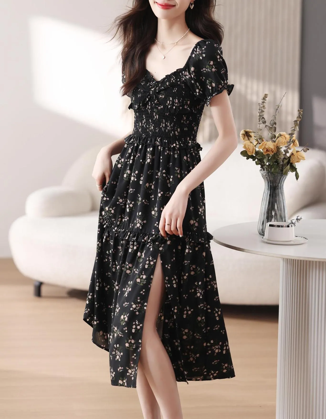 Dress with Ruched Sleeves and Adjustable Waist for a Flattering Fit
