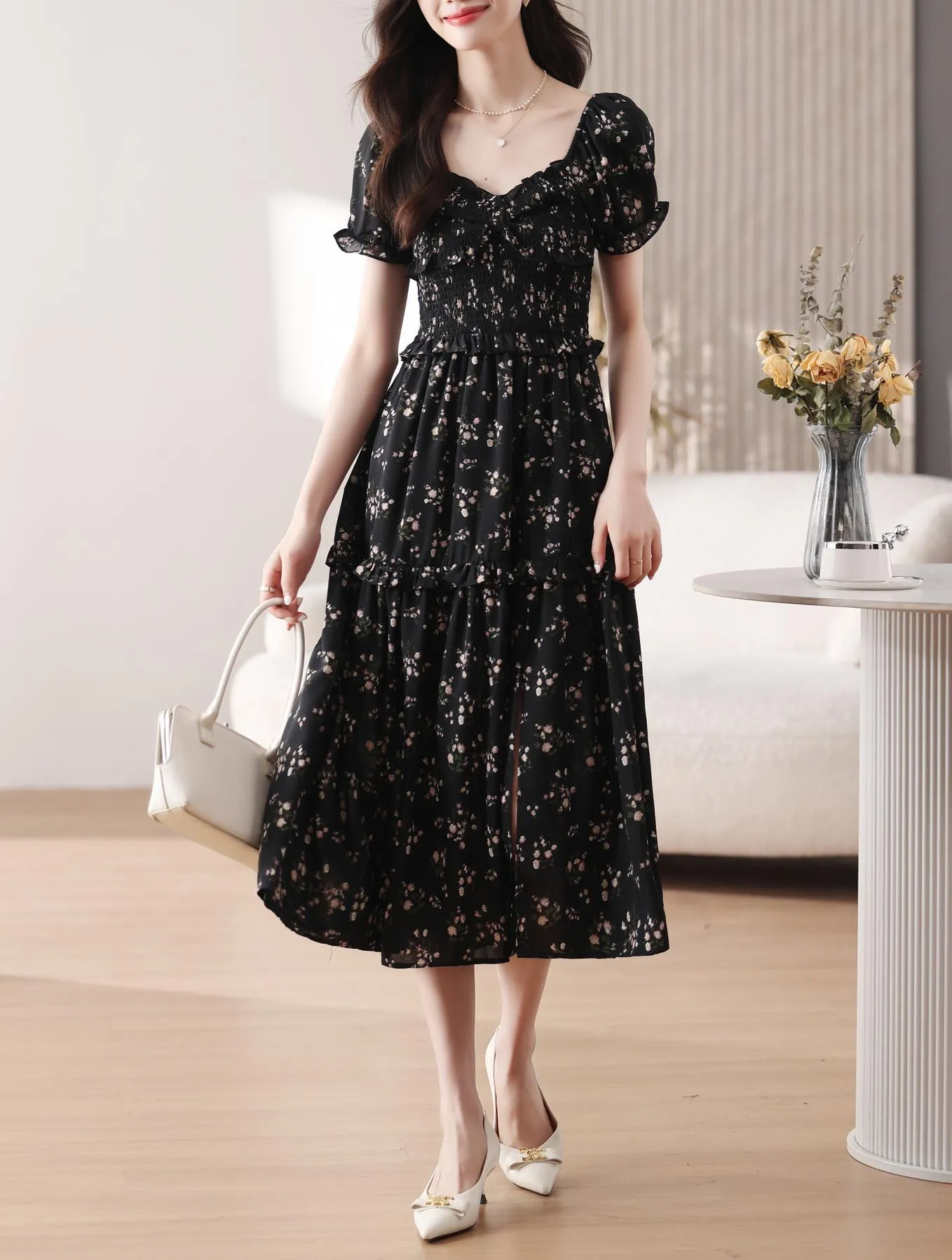 Dress with Ruched Sleeves and Adjustable Waist for a Flattering Fit