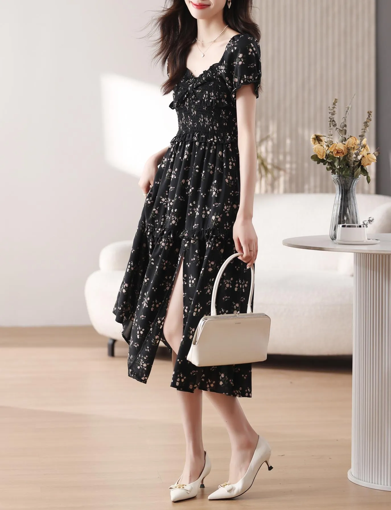 Dress with Ruched Sleeves and Adjustable Waist for a Flattering Fit