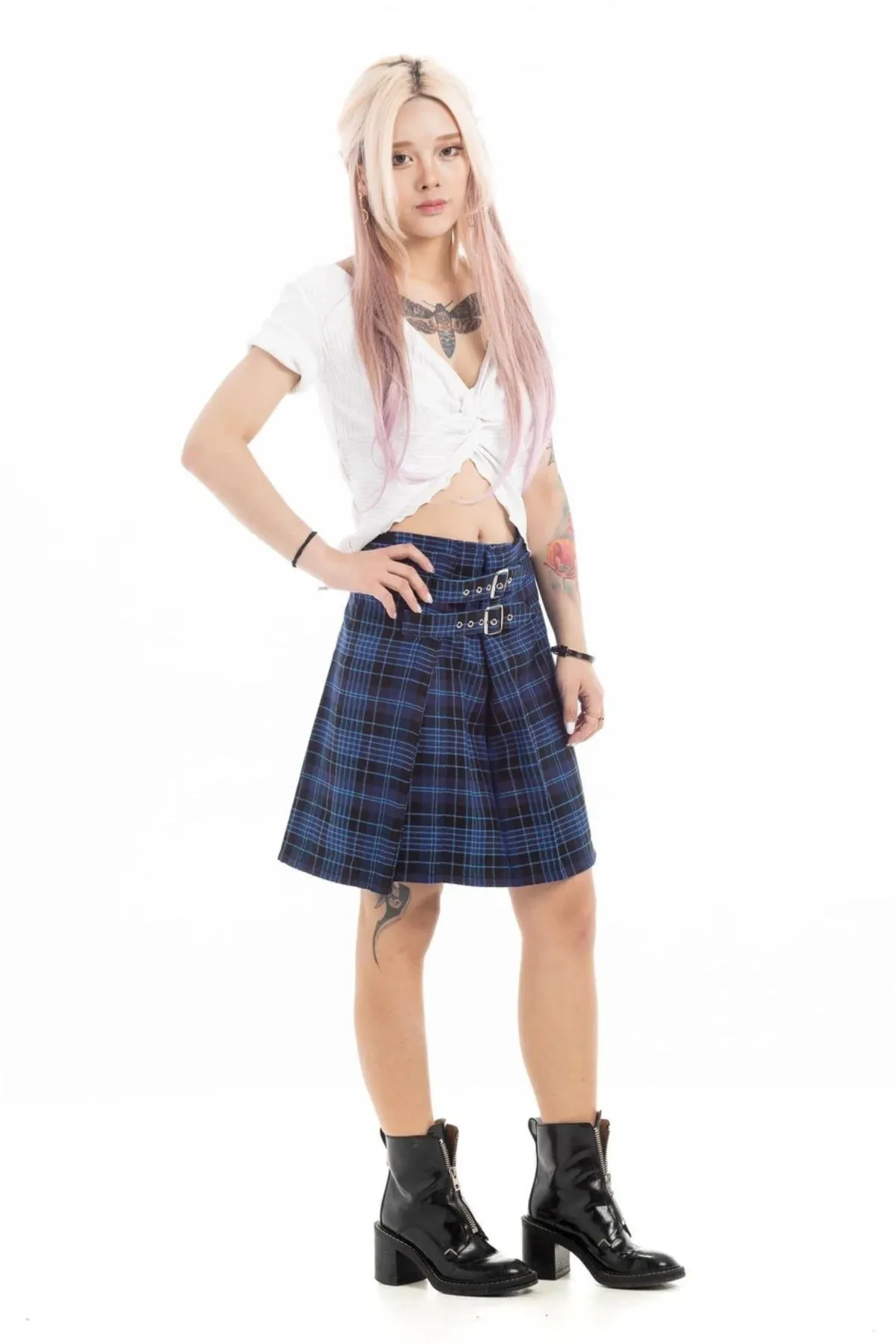 Dual-Buckle Tartan Plaid Mini Skirt