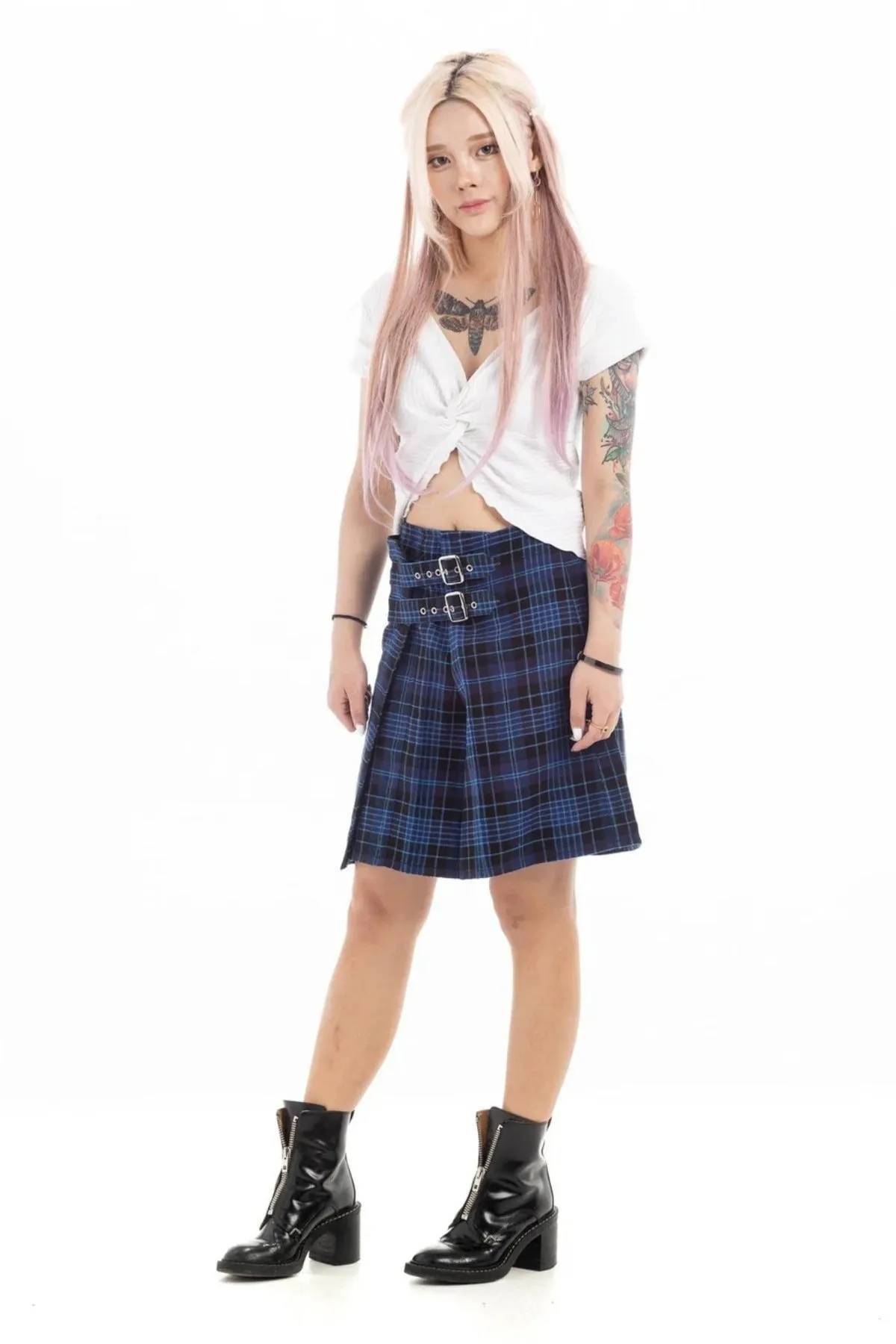 Dual-Buckle Tartan Plaid Mini Skirt