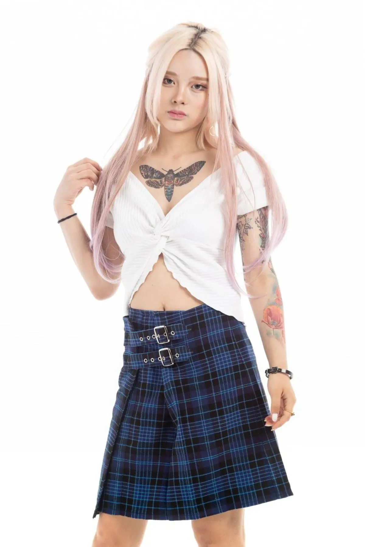 Dual-Buckle Tartan Plaid Mini Skirt