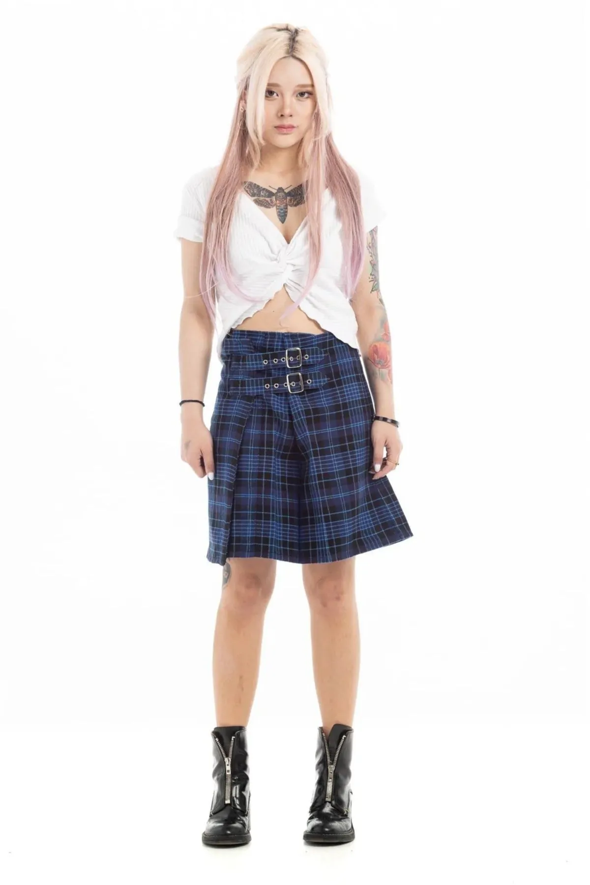 Dual-Buckle Tartan Plaid Mini Skirt
