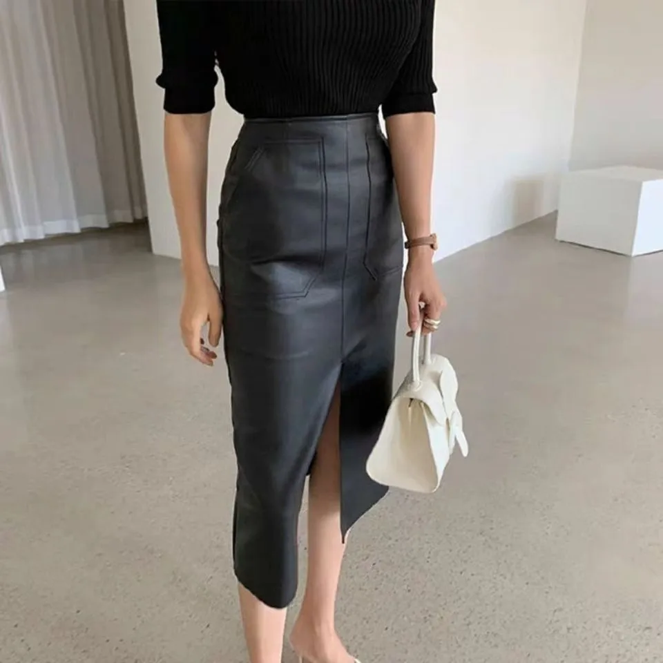 Edgy Elegance High Waisted Leather Skirt