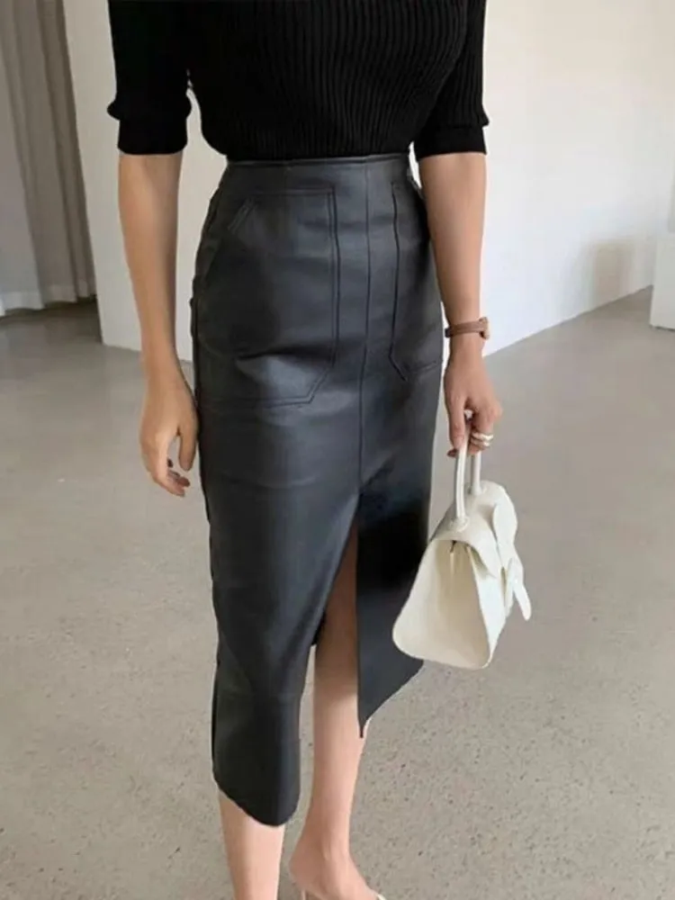 Edgy Elegance High Waisted Leather Skirt