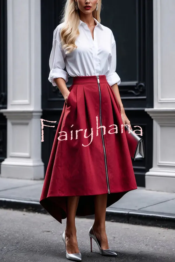Effortless Charm Front Zipper Detail Pocketed High Low Pleated Midi Skirt