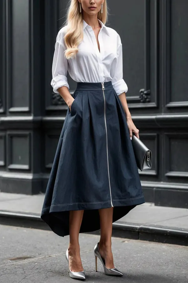 Effortless Charm Front Zipper Detail Pocketed High Low Pleated Midi Skirt