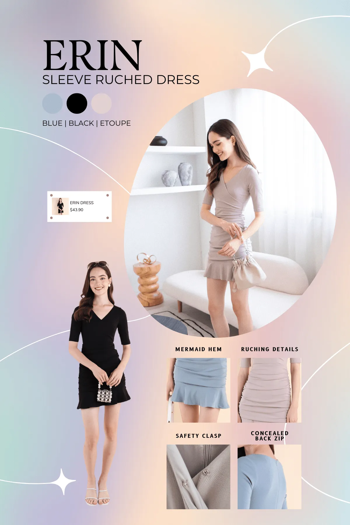 ERIN SLEEVED RUCHED DRESS IN ETOUPE