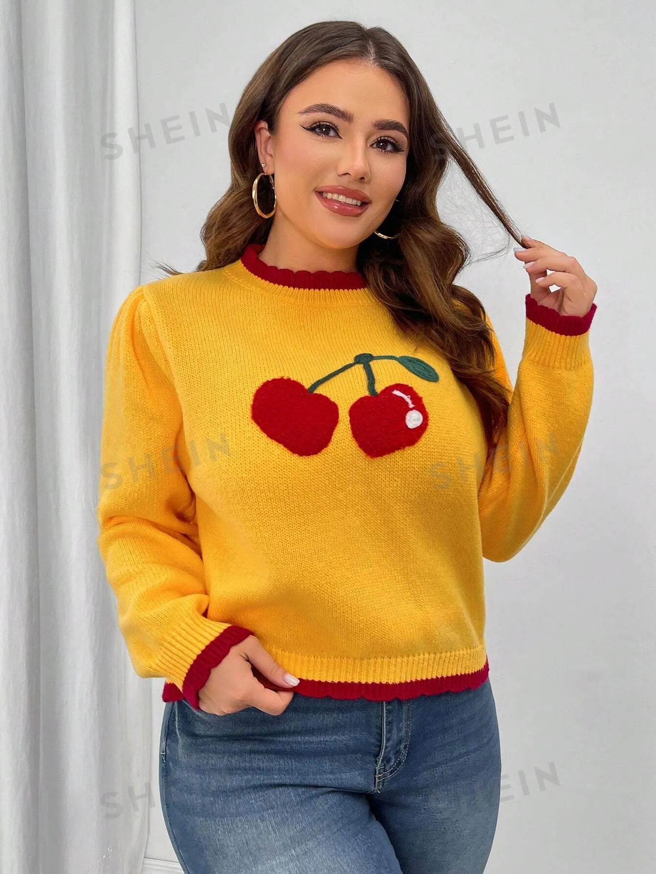 Essnce Plus Size Women Cherry Embroidery Colorblock Long Sleeve Pullover Sweater