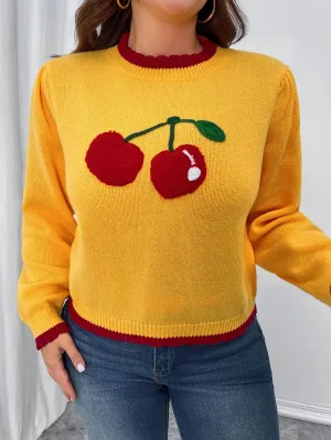 Essnce Plus Size Women Cherry Embroidery Colorblock Long Sleeve Pullover Sweater
