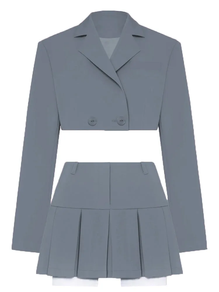 Fall Women Blazer Suit Two Piece Sets Turn-down Collar Blazers Tops And Pleated Skirts Femme High Street Y2K Outfits