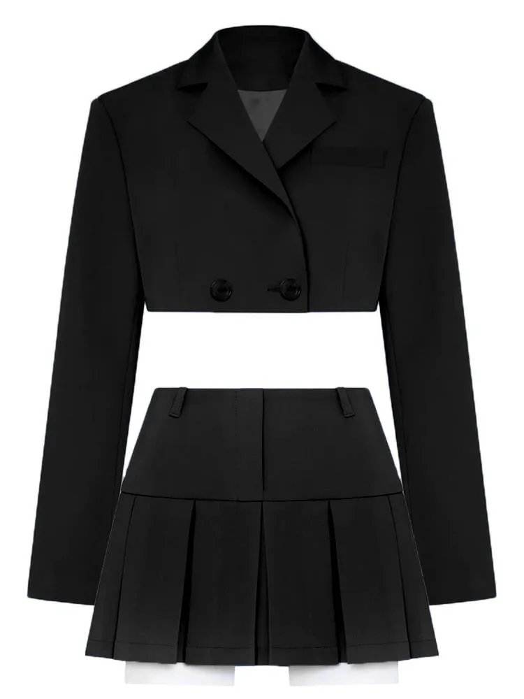 Fall Women Blazer Suit Two Piece Sets Turn-down Collar Blazers Tops And Pleated Skirts Femme High Street Y2K Outfits
