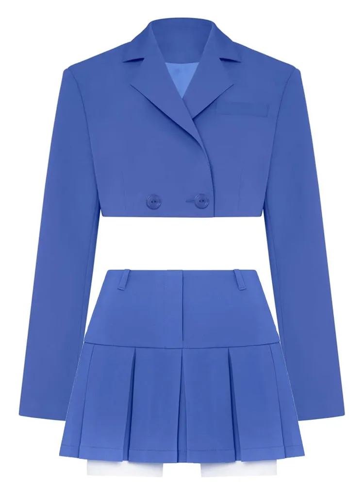Fall Women Blazer Suit Two Piece Sets Turn-down Collar Blazers Tops And Pleated Skirts Femme High Street Y2K Outfits