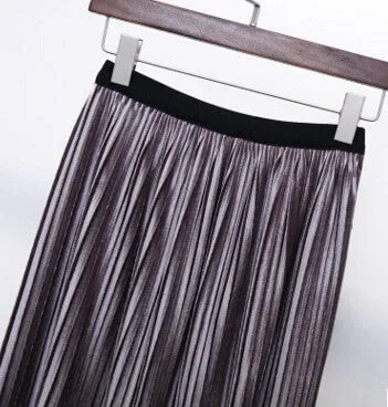 Fashion Pleated Skirt Retro Skirts High Gold Shiny Pleated Velvet Medium And Long Elastic Waist