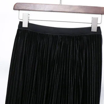 Fashion Pleated Skirt Retro Skirts High Gold Shiny Pleated Velvet Medium And Long Elastic Waist