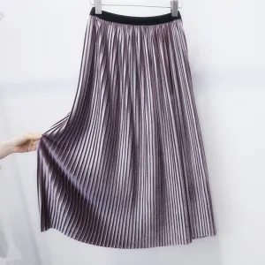 Fashion Pleated Skirt Retro Skirts High Gold Shiny Pleated Velvet Medium And Long Elastic Waist