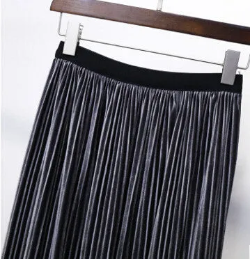 Fashion Pleated Skirt Retro Skirts High Gold Shiny Pleated Velvet Medium And Long Elastic Waist