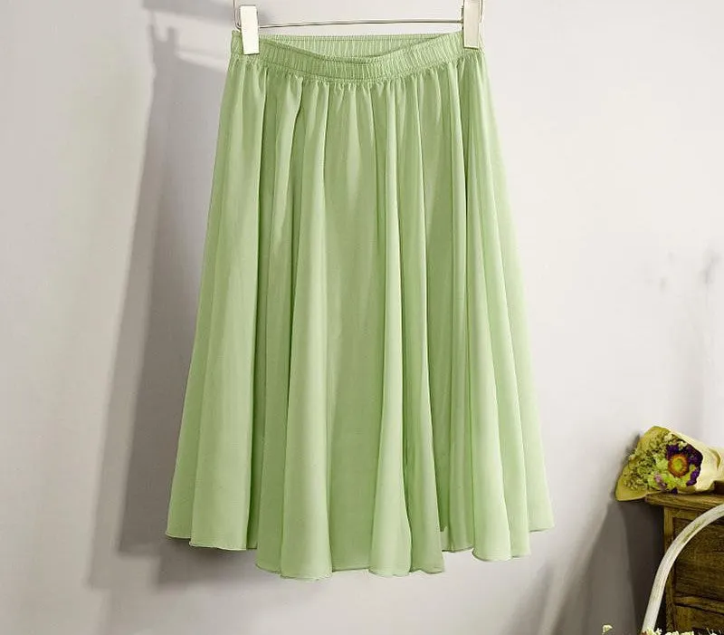 Fashion Women's Elegant 23 Color High Waist Chiffon Pleated Midi Skirt Ladies Casual Slim Beach Skater Skirts Saia SK17