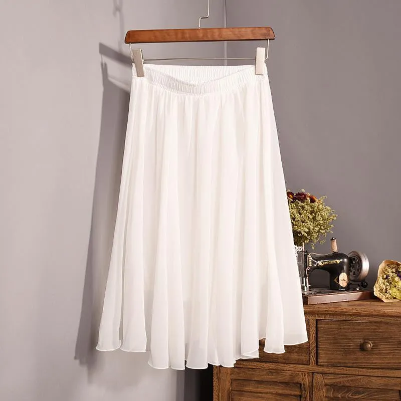 Fashion Women's Elegant 23 Color High Waist Chiffon Pleated Midi Skirt Ladies Casual Slim Beach Skater Skirts Saia SK17