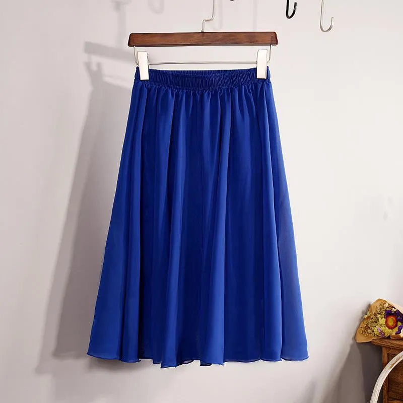 Fashion Women's Elegant 23 Color High Waist Chiffon Pleated Midi Skirt Ladies Casual Slim Beach Skater Skirts Saia SK17