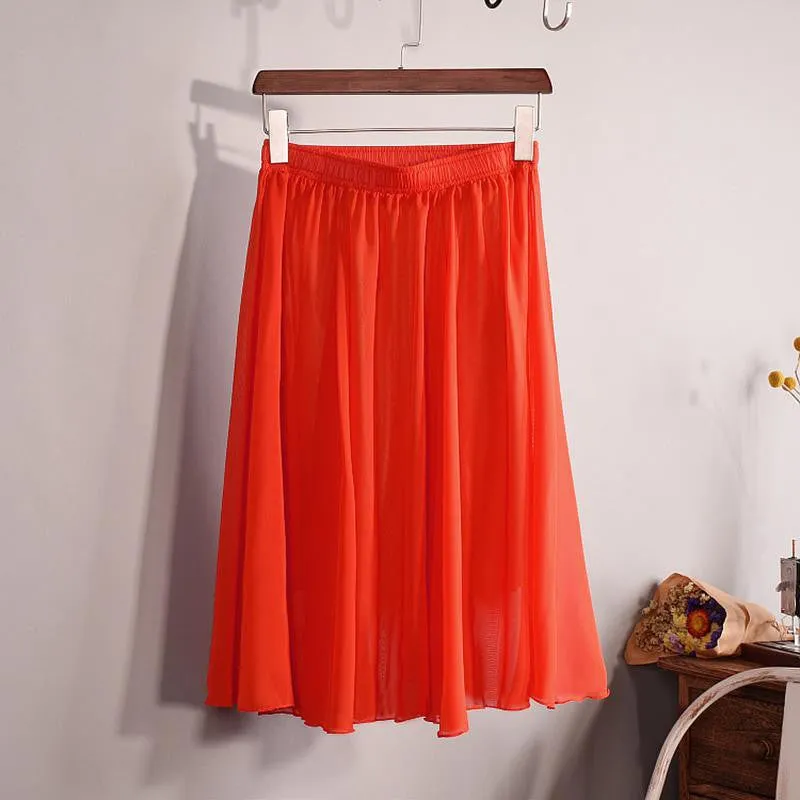 Fashion Women's Elegant 23 Color High Waist Chiffon Pleated Midi Skirt Ladies Casual Slim Beach Skater Skirts Saia SK17