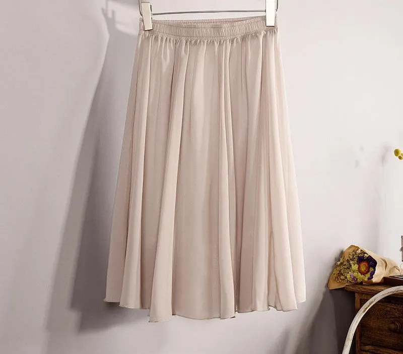 Fashion Women's Elegant 23 Color High Waist Chiffon Pleated Midi Skirt Ladies Casual Slim Beach Skater Skirts Saia SK17