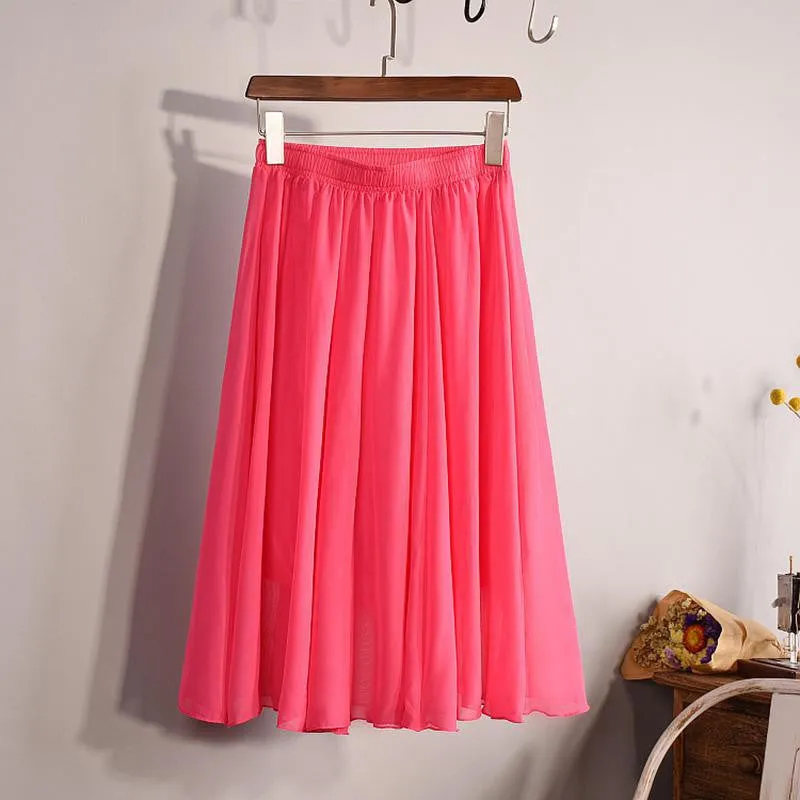 Fashion Women's Elegant 23 Color High Waist Chiffon Pleated Midi Skirt Ladies Casual Slim Beach Skater Skirts Saia SK17