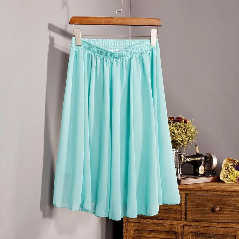 Fashion Women's Elegant 23 Color High Waist Chiffon Pleated Midi Skirt Ladies Casual Slim Beach Skater Skirts Saia SK17