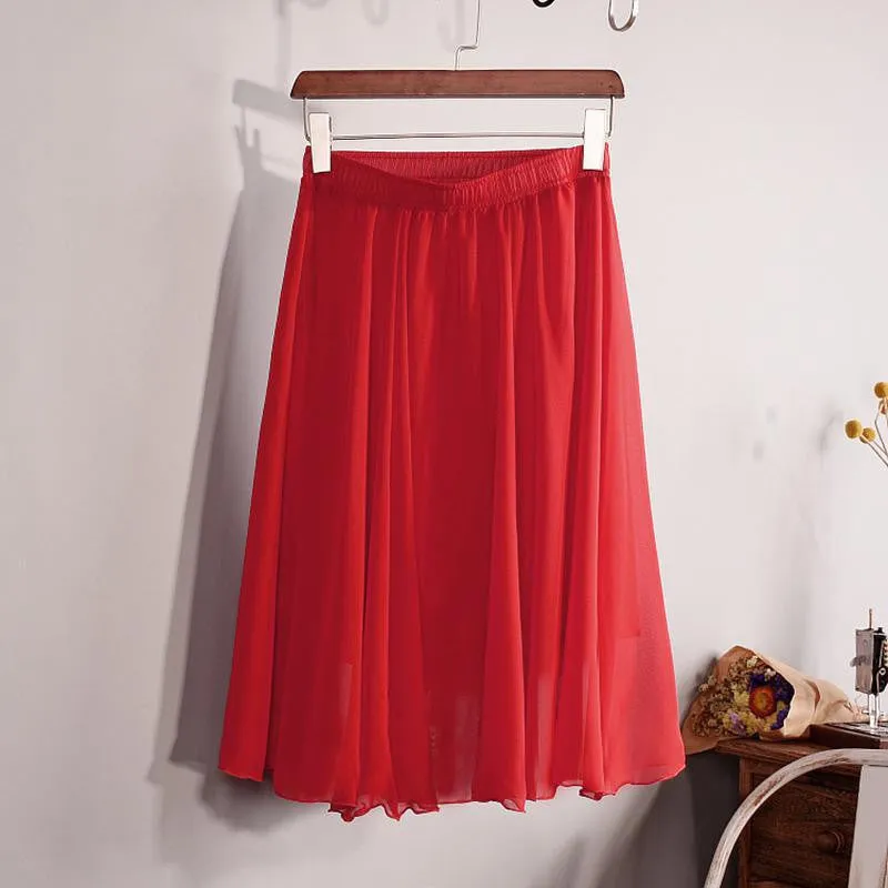 Fashion Women's Elegant 23 Color High Waist Chiffon Pleated Midi Skirt Ladies Casual Slim Beach Skater Skirts Saia SK17