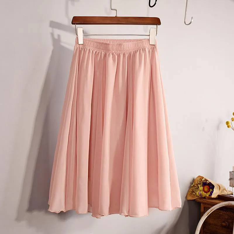 Fashion Women's Elegant 23 Color High Waist Chiffon Pleated Midi Skirt Ladies Casual Slim Beach Skater Skirts Saia SK17