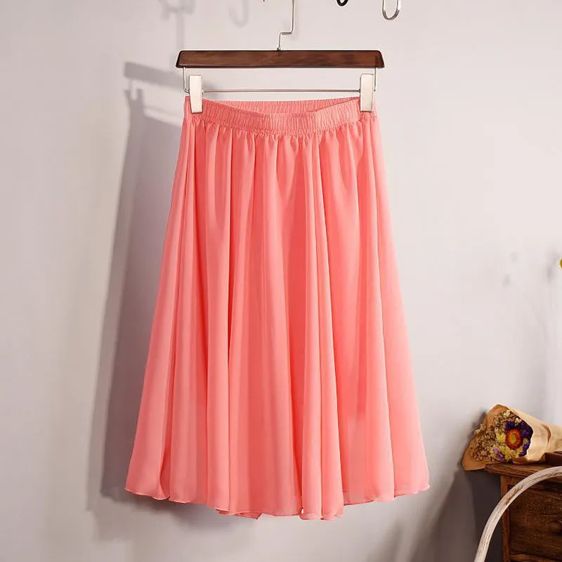 Fashion Women's Elegant 23 Color High Waist Chiffon Pleated Midi Skirt Ladies Casual Slim Beach Skater Skirts Saia SK17